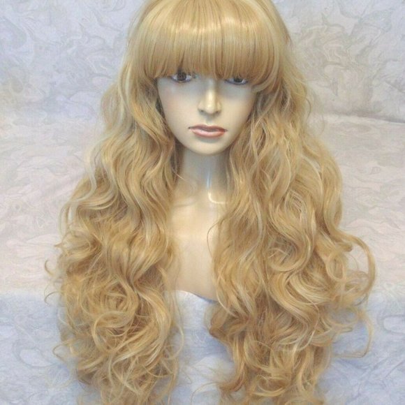 LONG Blonde Highlighted Curly Wig With Bangs main image 7